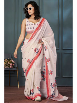 Mysilklove - Clam Shell White Handloom Linen Saree with Unstitched Blouse