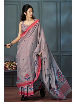 Mysilklove - Santa'S Grey Handloom Linen Saree with Unstitched Blouse