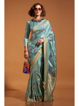 Mysilklove - Summer Blue Handloom Satin Silk Saree with Unstitched Blouse