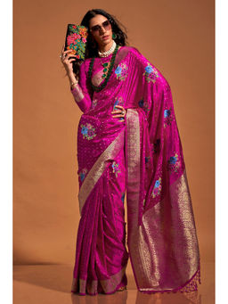 Mysilklove - Cerise Pink Handloom Satin Silk Saree with Unstitched Blouse