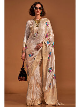 Mysilklove - Grain Cream Handloom Satin Silk Saree with Unstitched Blouse