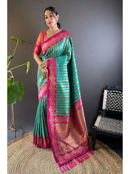 Mysilklove - Malachite Blue Zari Woven Banarasi Saree with Unstitched Blouse