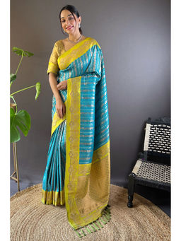 Mysilklove - Dixie Blue Zari Woven Banarasi Saree with Unstitched Blouse