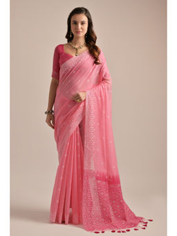 Mysilklove - Tonys Pink Lucknowi Woven Muga Cotton Saree with Unstitched Blouse