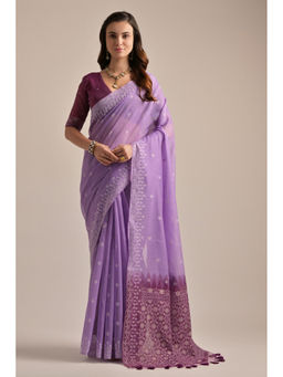 Mysilklove - Trendy Purple Lucknowi Woven Muga Cotton Saree with Unstitched Blouse
