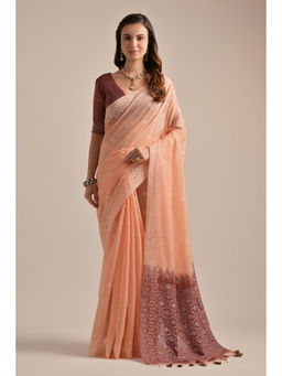 Mysilklove - Rose Bud Peach Lucknowi Woven Muga Cotton Saree with Unstitched Blouse