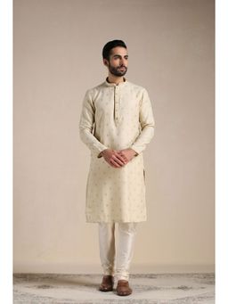 Manyavar - Beige Blended Viscose Printed Kurta with Pencil Pajama (Set of 2)