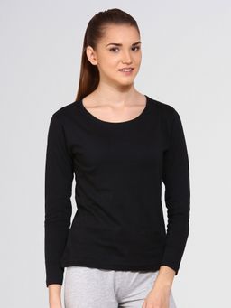 ap'pulse - Women Black Pure Cotton Solid Round Neck T-Shirt