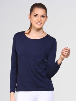 ap'pulse - Women Navy Blue Pure Cotton Solid Round Neck T-Shirt