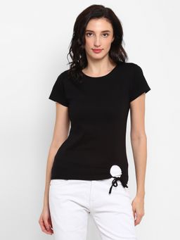 ap'pulse - Women Black Pure Cotton Solid Round Neck T-Shirt