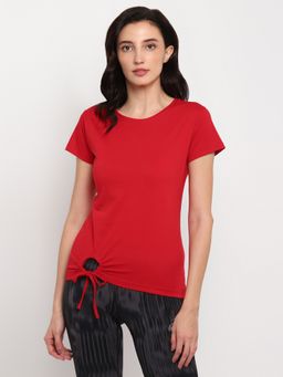 ap'pulse - Women Red Pure Cotton Solid Round Neck T-Shirt