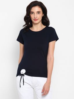 ap'pulse - Women Navy Blue Pure Cotton Solid Round Neck T-Shirt