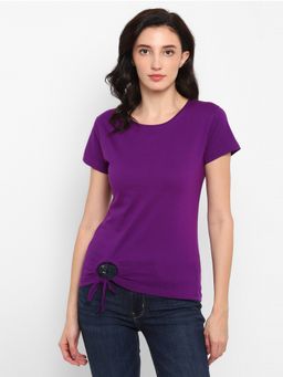 ap'pulse - Women Purple Pure Cotton Solid Round Neck T-Shirt