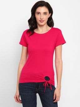 ap'pulse - Women Pink Pure Cotton Solid Round Neck T-Shirt