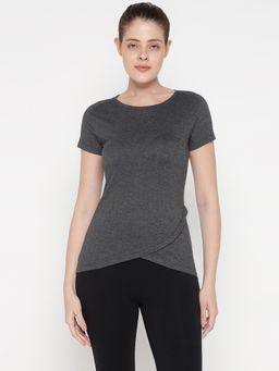 ap'pulse - Women Charcoal Cotton Solid Round Neck T-Shirt