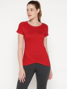 ap'pulse - Women Red Pure Cotton Solid Round Neck T-Shirt