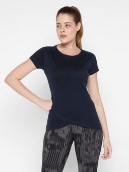 ap'pulse - Women Navy Blue Pure Cotton Solid Round Neck T-Shirt