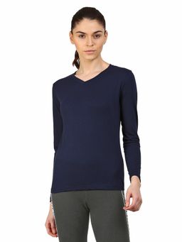 ap'pulse - Women Navy Blue Pure Cotton Solid V-Neck T-Shirt
