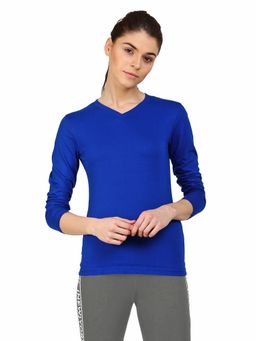 ap'pulse - Women Blue Pure Cotton Solid V-Neck T-Shirt