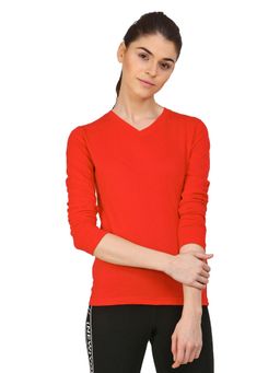 ap'pulse - Women Red Pure Cotton Solid V-Neck T-Shirt