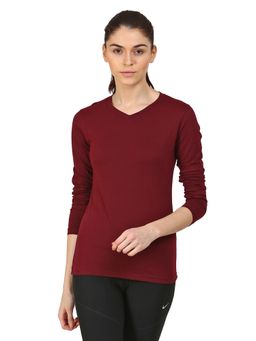 ap'pulse - Women Maroon Pure Cotton Solid V-Neck T-Shirt