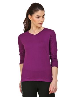 ap'pulse - Women Purple Pure Cotton Solid V-Neck T-Shirt