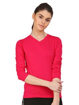 ap'pulse - Women Pink Pure Cotton Solid V-Neck T-Shirt