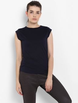 ap'pulse - Women Navy Blue Pure Cotton Solid Round Neck T-Shirt