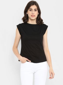 ap'pulse - Women Black Pure Cotton Solid Round Neck T-Shirt