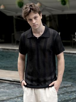 Campus Sutra - Black Self Design Polo T-Shirt