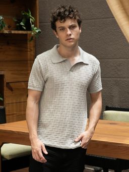 CAHOOT - Grey Self Design Polo T-Shirt