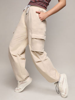 PINACOLADA - Womens Beige Solid Cargo Parachute Pant