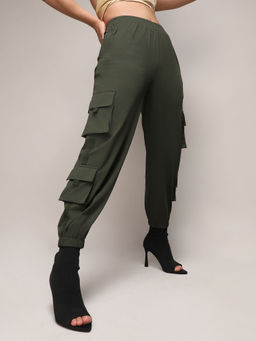 PINACOLADA - Womens Forest Green Cuffed Hem Cargo Joggers