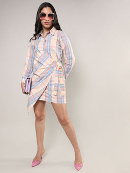 PINACOLADA - Womens Peach Orange & Icy Blue Tartan Wrap Shirt Dress