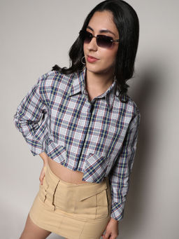 PINACOLADA - Womens Indigo Blue & Ivory White Tartan Plaid Crop Shirt