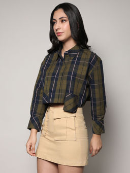 PINACOLADA - Womens Olive Green & Navy Blue Tartan Plaid Crop Shirt