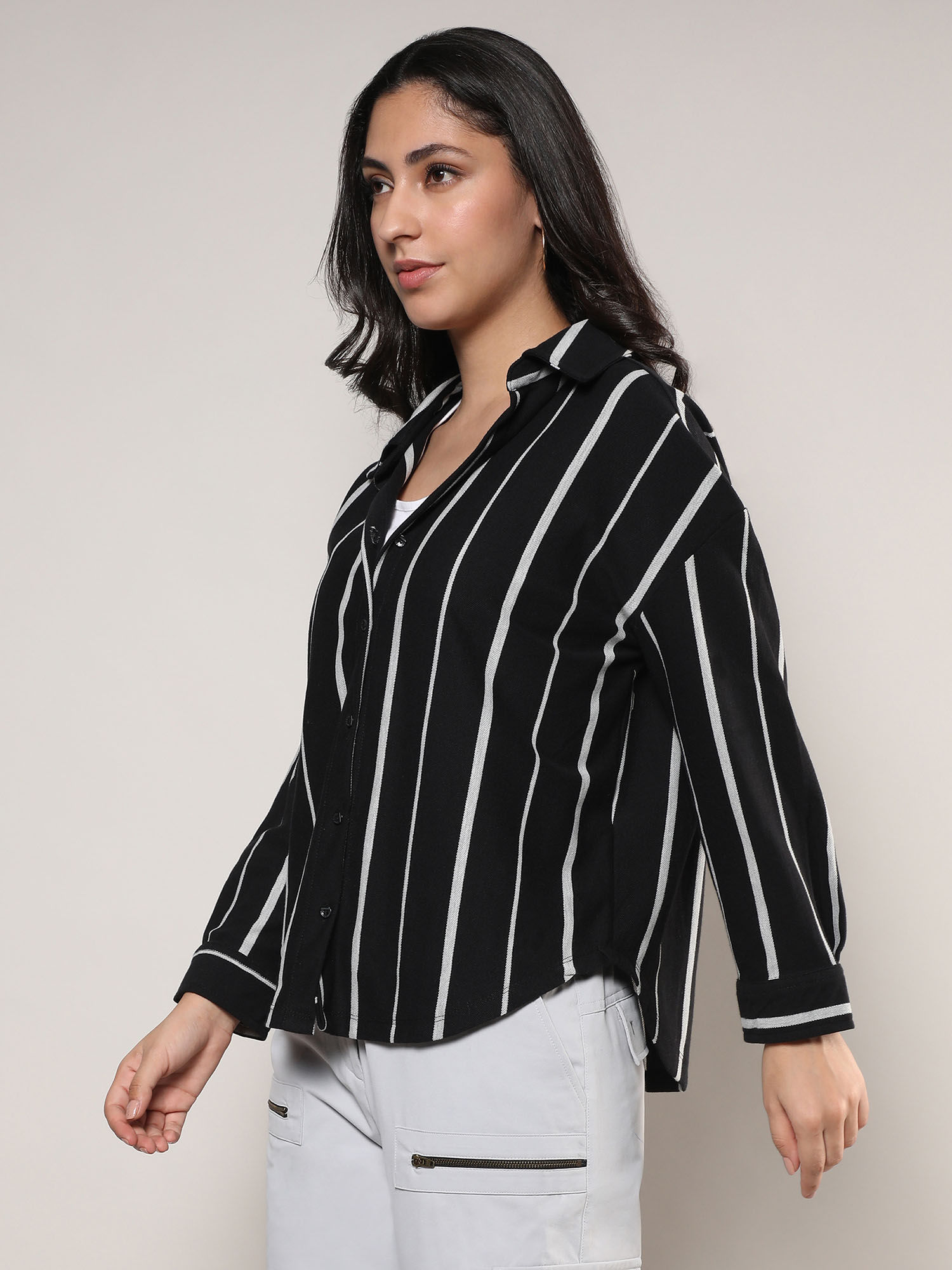 pinacolada Womens Midnight Black & Moon Grey Striped Boxy Shirt-picture-25