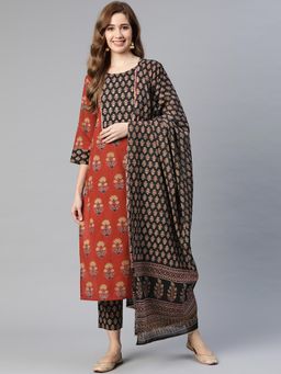 Yuris - Women Rust & Black Printed Kurta with Trousers and Dupatta (Set of 3)