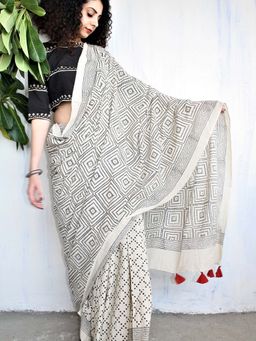Chidiyaa - Ivory Black Block Printed Cotton Mul Saree