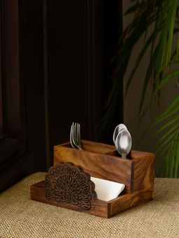 ExclusiveLane - The Dancing Peacock Hand Carved Cutlery & Stationery Holder in Sheesham Wood