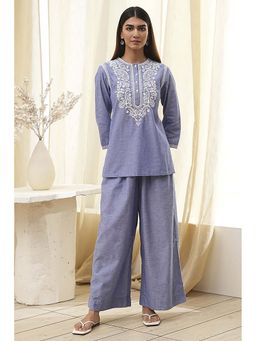 Biba - Women Dull Blue Cotton Straight Yarn Dyed Co-Ord (Set of 2)