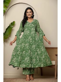 Do Dhaage - Green Floral Printed Angarkha Cotton Kurta with Pant & Dupatta (Set of 3)