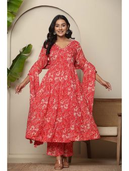 Do Dhaage - Red Floral Printed Angarkha Cotton Kurta with Pant & Dupatta (Set of 3)