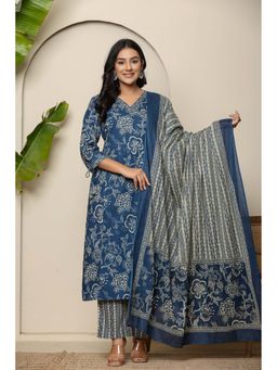 Do Dhaage - Angarkha Cotton Navy Blue Kurta with Pant & Dupatta (Set of 3)