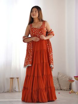 JATRIQQ - Rust Heavy Fox Georgette Fully Flair Anarkali Kurta with Pant & Dupatta (Set of 3)