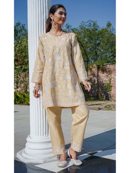 HOUSE OF KARI - Kashmiri Aari Work Cotton Kurta with Pant - Beige with White (Set of 2)