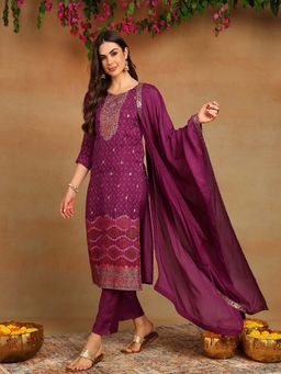 Vaamsi - Purple Muslin Bandhani Woven Design Straight Kurta Trousers with Dupatta (Set of 3)