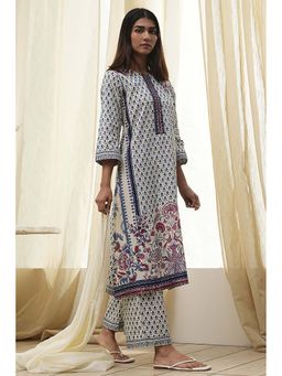 Biba - Women Off White Cotton Straight Kurta with Palazzo (Set of 2)