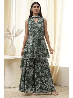 Biba - Women Green Cotton Straight Kurta with Sharara & Dupatta (Set of 3)