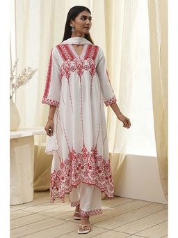 Biba - Women Red Cotton Asymmetric Kurta with Palazzo And Stole (Set of 3)